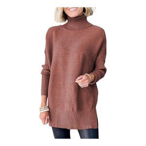 Women's Turtleneck Brown Sweater Medium Ribbed Knit Pullover Oversized Casual